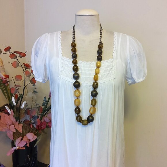 Vintage NEW sandwich jewellery Large Gray Tan Beads VTG Art Deco Long Necklace - Picture 6 of 7